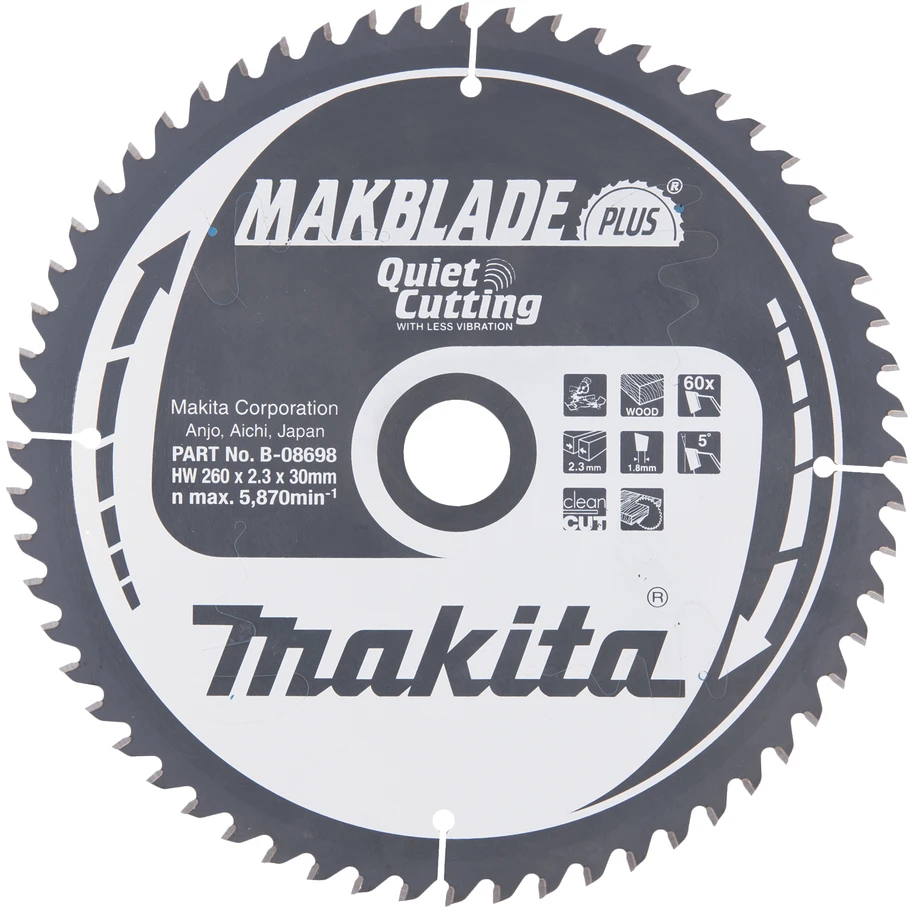 Makita T.C.T. pjūklas MAKBLADE PLUS 260X2.3X30mm 5° T60 B-08698 T.C.T • 260 x30 mm • T60 • 5° • Medienai