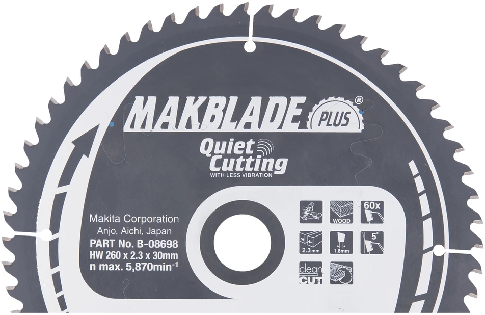 Makita T.C.T. pjūklas MAKBLADE PLUS 260X2.3X30mm 5° T60 B-08698 T.C.T • 260 x30 mm • T60 • 5° • Medienai