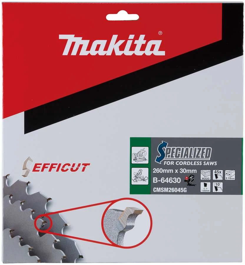 Makita T.C.T. pjūklas EFFICUT 260X2.15X30mm 10° T45 B-64624 T.C.T • 260 x30 mm • T45 • 10° • Medienai