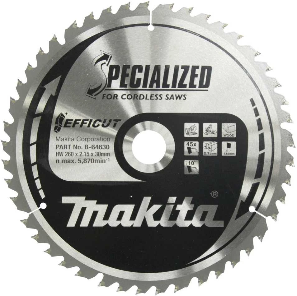 Makita T.C.T. pjūklas EFFICUT 260X2.15X30mm 10° T45 B-64624 T.C.T • 260 x30 mm • T45 • 10° • Medienai