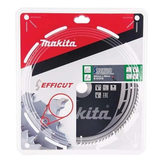 Makita T.C.T. pjūklas EFFICUT 305X2.15X30mm 10° T100 B-67278 T.C.T • 305 x30 mm • T100 • 10° • Medienai