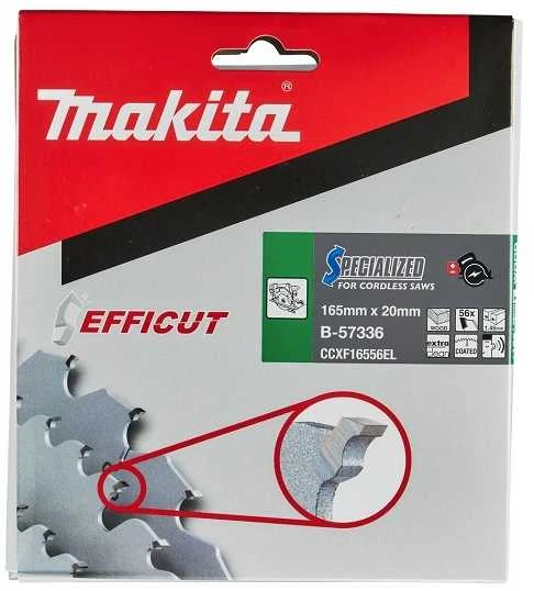 Makita T.C.T. pjūklas EFFICUT 165X1.45X20mm 23° T56 B-57336 T.C.T • 165 x20 mm • T56 • 23° • Medienai/MDF/laminatui