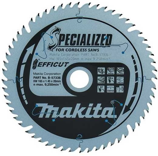 Makita T.C.T. pjūklas EFFICUT 165X1.45X20mm 23° T56 B-57336 T.C.T • 165 x20 mm • T56 • 23° • Medienai/MDF/laminatui