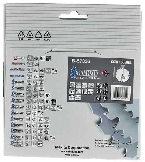 Makita T.C.T. pjūklas EFFICUT 165X1.45X20mm 23° T56 B-57336 T.C.T • 165 x20 mm • T56 • 23° • Medienai/MDF/laminatui