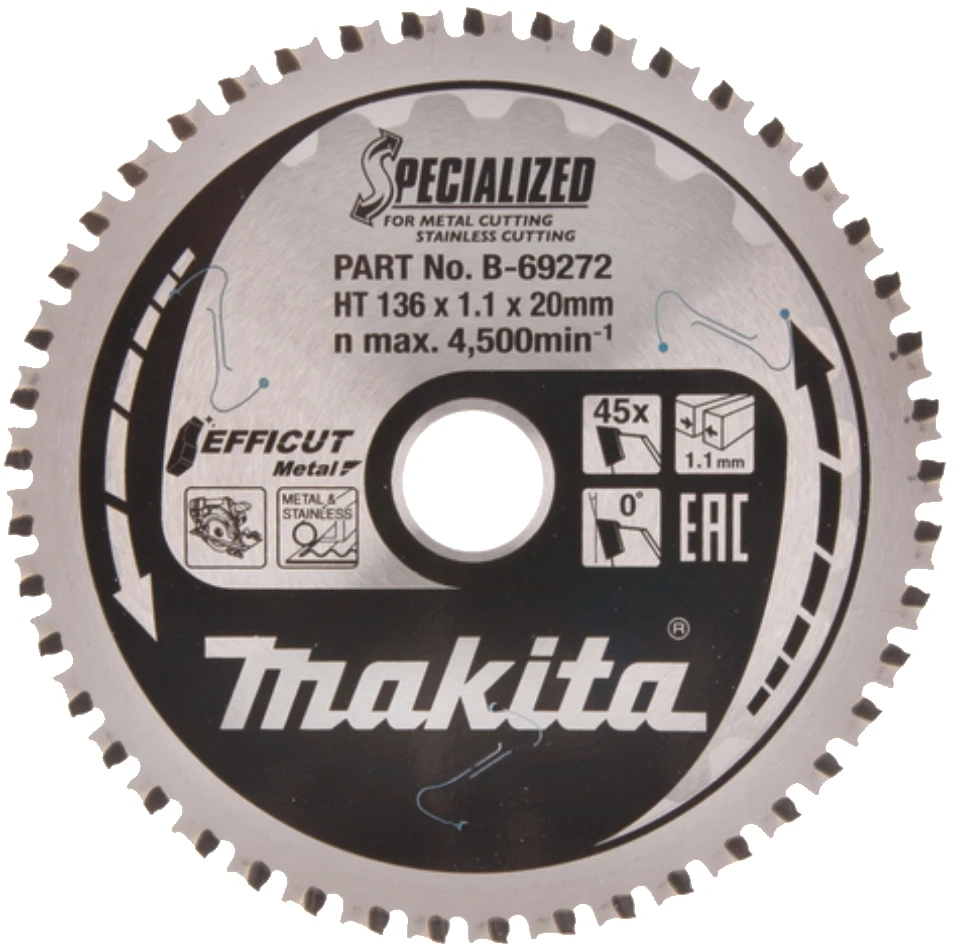 Makita T.C.T. pjūklas EFFICUT METAL 136X1.1X20mm 0° T45 B-69272 T.C.T • 136 x20 mm • T45 • 0° • Metalui/Nerūd. plienui