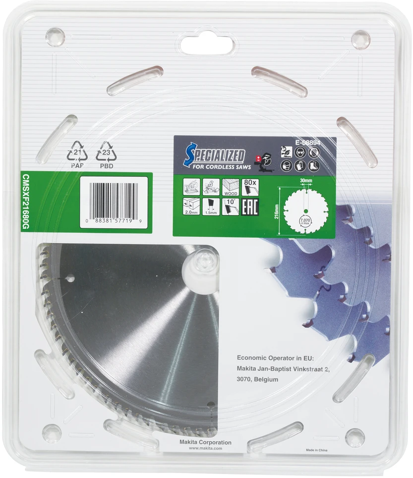Makita T.C.T. pjūklas 216X30X2,0MM 10° T80 E-08894 T.C.T • 216 x 30 mm • 80T • 10° • Medienai