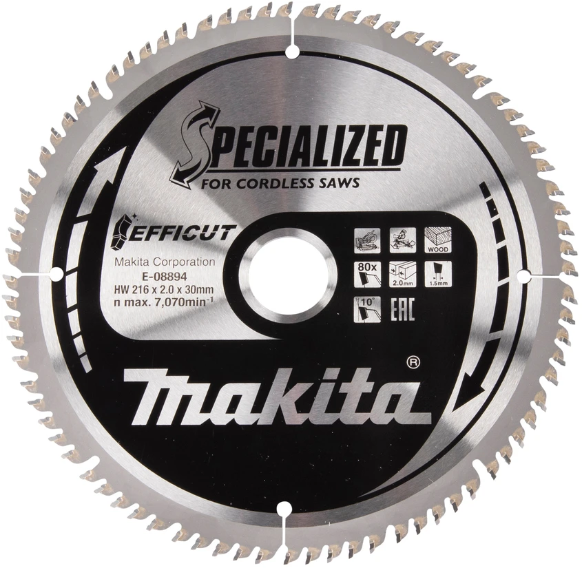 Makita T.C.T. pjūklas 216X30X2,0MM 10° T80 E-08894 T.C.T • 216 x 30 mm • 80T • 10° • Medienai
