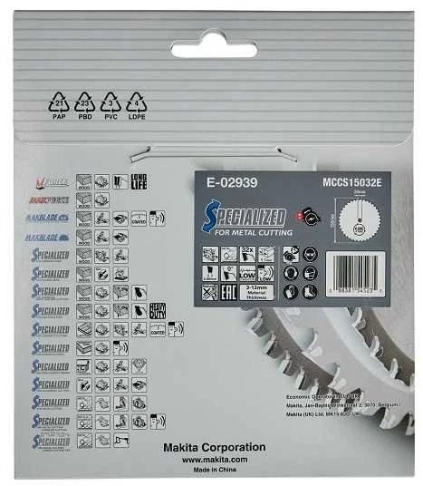 Makita T.C.T. pjūklas SPECIALIZED 150X1.1X20mm 0° T32 E-02939 T.C.T • 150 x20 mm • T32 • 0° • Metalui