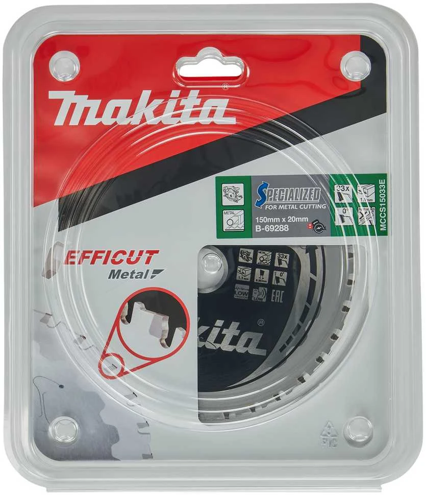 Makita T.C.T. pjūklas EFFICUT METAL 150X1.1X20mm 0° T33 B-69325 T.C.T • 150 x20 mm • T33 • 0° • Metalui
