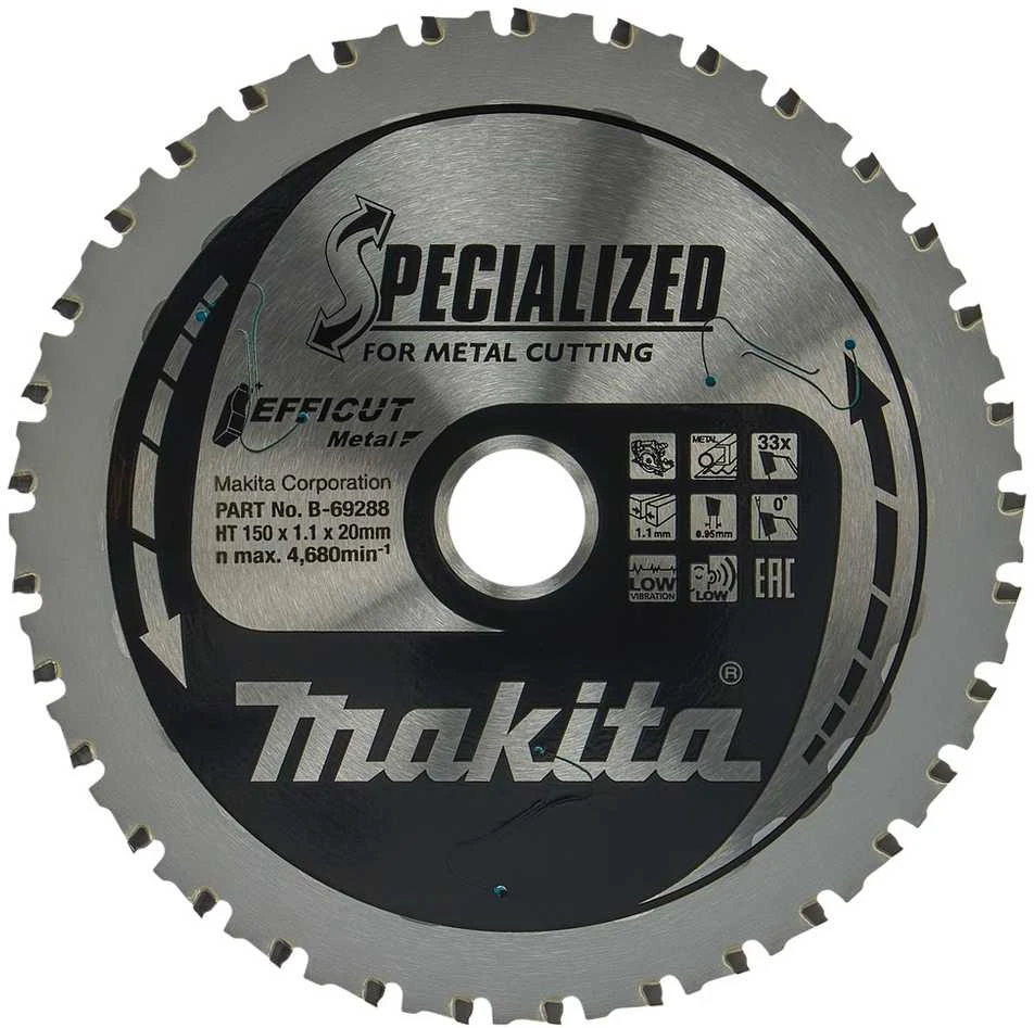 Makita T.C.T. pjūklas EFFICUT METAL 150X1.1X20mm 0° T33 B-69325 T.C.T • 150 x20 mm • T33 • 0° • Metalui