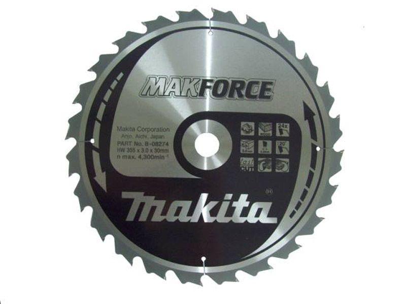 Makita T.C.T. pjūklas MAKFORCE 355X3X30mm 20° T24 B-08274 T.C.T • 355 x30 mm • T24 • 20° • Medienai