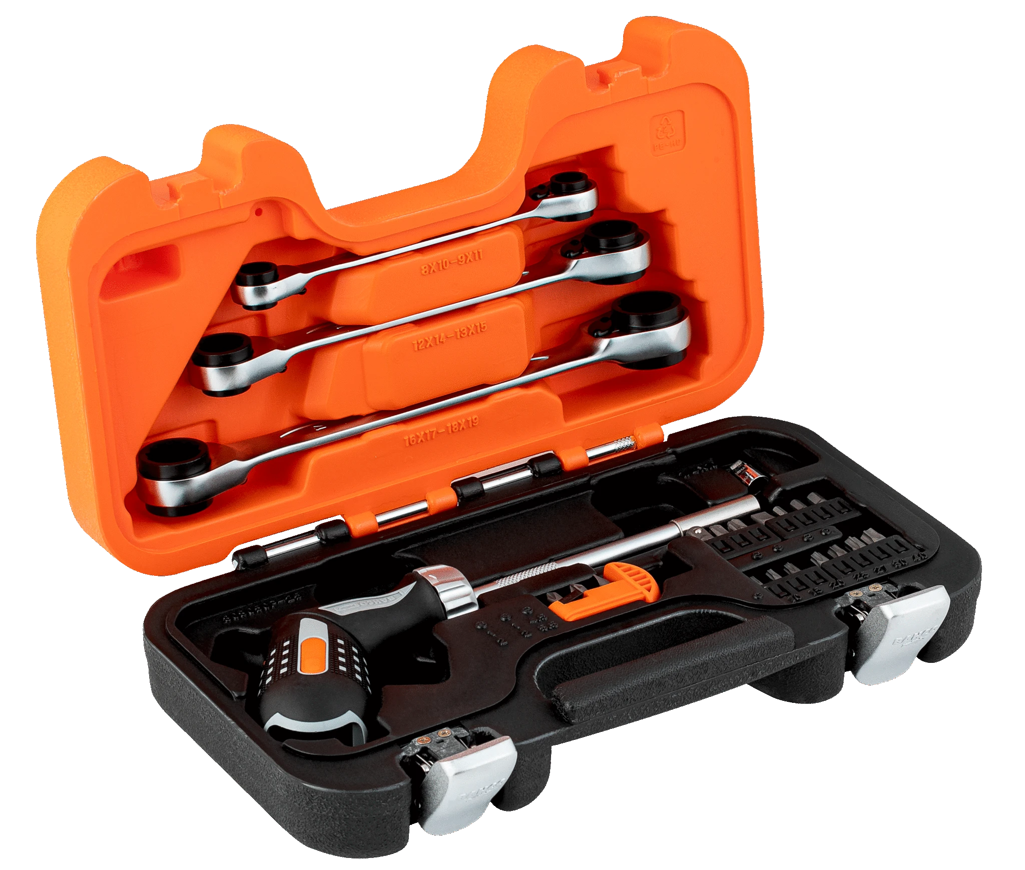 Bahco Pistol rankenos reketinis atsuktuvas + antgaliai PH,PZ,SL,HEX,Torx ir veržliarakčių rinkinys 8-19mm 3 vnt.