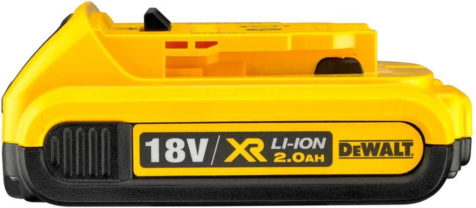 DeWalt 18V Li-Ion 2.0Ah akumuliatorius, šoninis vaizdas