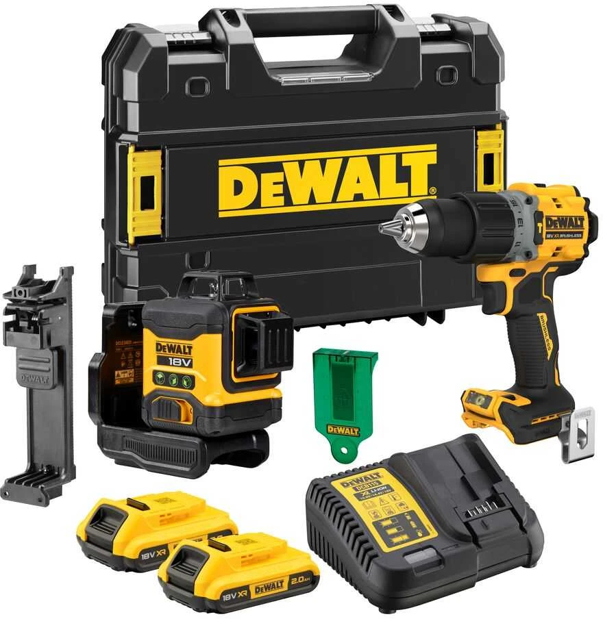 DeWALT įrankių komplektas su gręžtuvu ir lazeriu