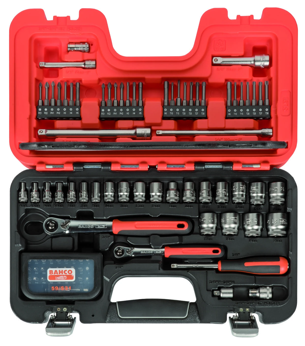 Bahco Galvučių rinkinys 1/4"+3/8" 4-21mm galvutėms, siauroms terkšlėms + ilgiems ir trumpiems antgaliams. 91vnt