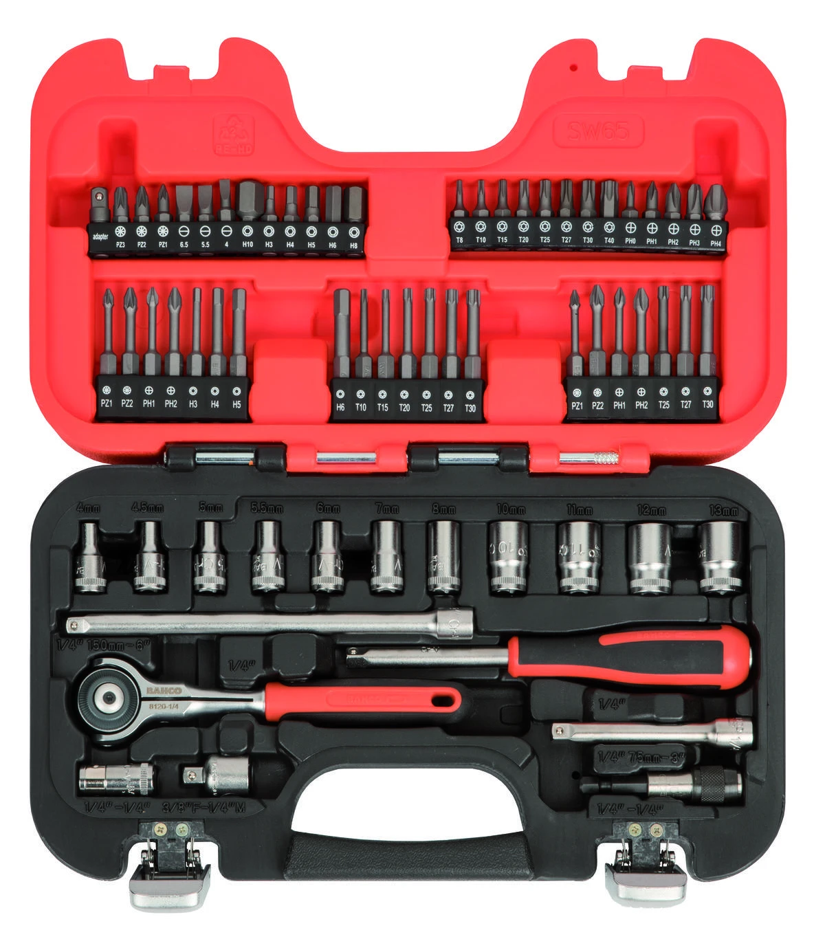 Bahco Galvučių rinkinys 1/4" 4-13mm galvutėms, terkšlėms su pasukama galvute + ilgiems ir trumpiems antgaliams. 65vnt