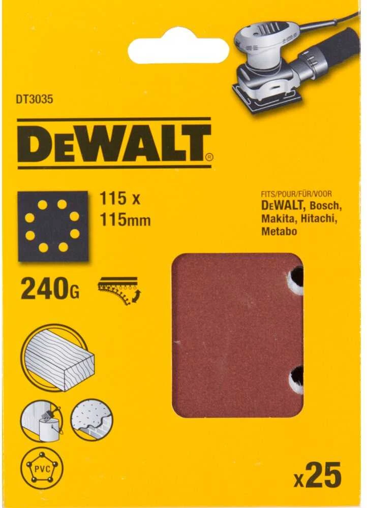 šlifavimo popierius 115x115mm su lipduku, 8 skylės, granuliacija 240, DeWalt [DT3035-QZ] 25 vnt.