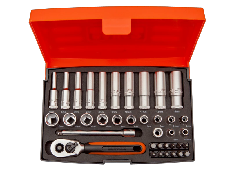 Bahco Ilgų ir trumpų galvučių komplektas 4-13mm + bits PH,PZ,HEX,TORX 37 vnt 1/4"