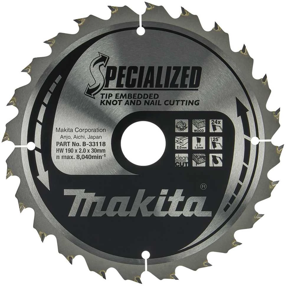 MAKITA diskinis pjūklas 190x30x24z specializuotai medienai (su vinimis ir mazgais)