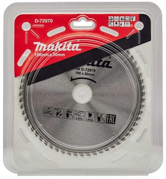 Makita T.C.T. pjūklas 190X2.2X30mm 5° T60 D-72970 T.C.T • 190 x 30/20 mm • 60 T • Aluminio