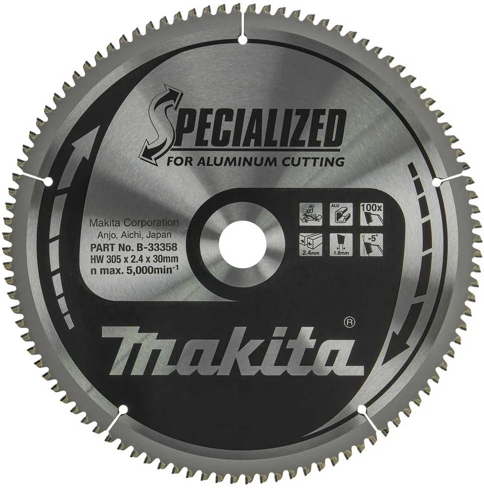 Makita T.C.T. pjūklas SPECIALIZED 305X2.4X30mm -5° T100 B-33358 T.C.T • 305 x30 mm • T100 • -5° • Aliuminiui