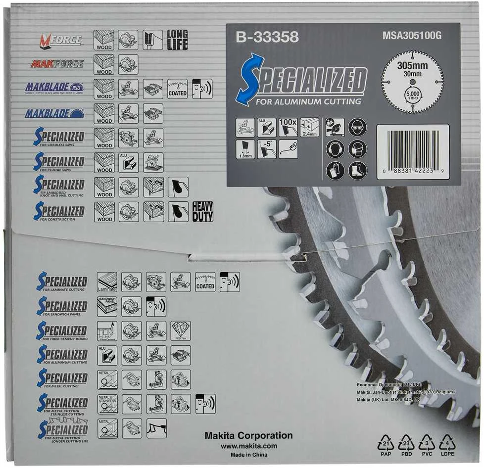 Makita T.C.T. pjūklas SPECIALIZED 305X2.4X30mm -5° T100 B-33358 T.C.T • 305 x30 mm • T100 • -5° • Aliuminiui