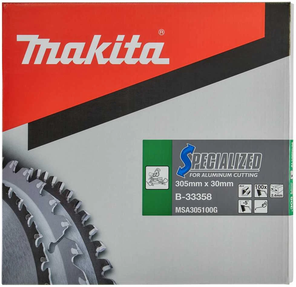 Makita T.C.T. pjūklas SPECIALIZED 305X2.4X30mm -5° T100 B-33358 T.C.T • 305 x30 mm • T100 • -5° • Aliuminiui