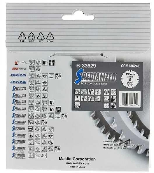Makita T.C.T. pjūklas SPECIALIZED 136X1.5X20mm 20° T24 B-33629 T.C.T • 136 x20 mm • T24 • 20° • Medienai
