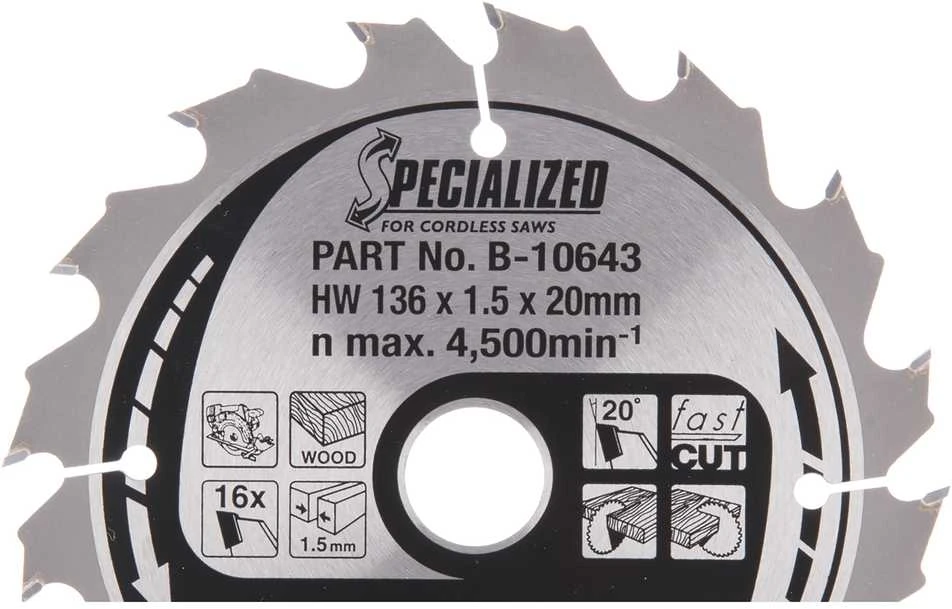 Makita T.C.T. pjūklas SPECIALIZED 136X1.5X20mm 20° T16 B-10643 T.C.T • 136 x20 mm • T16 • 20° • Medienai