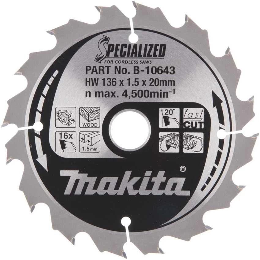 Makita T.C.T. pjūklas SPECIALIZED 136X1.5X20mm 20° T16 B-10643 T.C.T • 136 x20 mm • T16 • 20° • Medienai