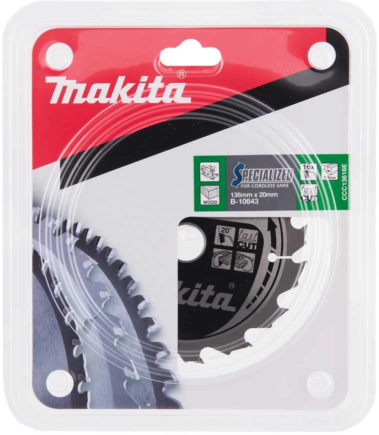 Makita T.C.T. pjūklas SPECIALIZED 136X1.5X20mm 20° T16 B-10643 T.C.T • 136 x20 mm • T16 • 20° • Medienai