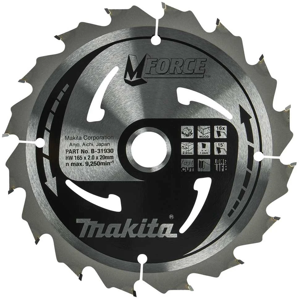 Makita T.C.T. pjūklas M-FORCE 165X2X20mm 15° T16 B-31930 T.C.T • 165 x20 mm • T16 • 15° • Medienai