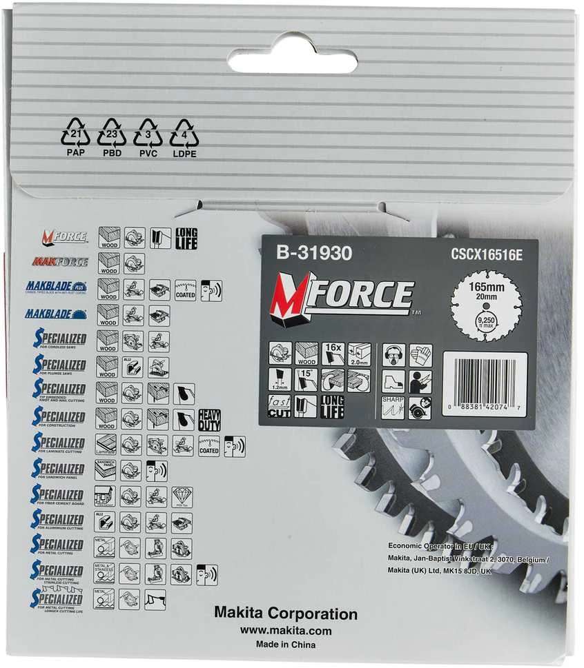Makita T.C.T. pjūklas M-FORCE 165X2X20mm 15° T16 B-31930 T.C.T • 165 x20 mm • T16 • 15° • Medienai