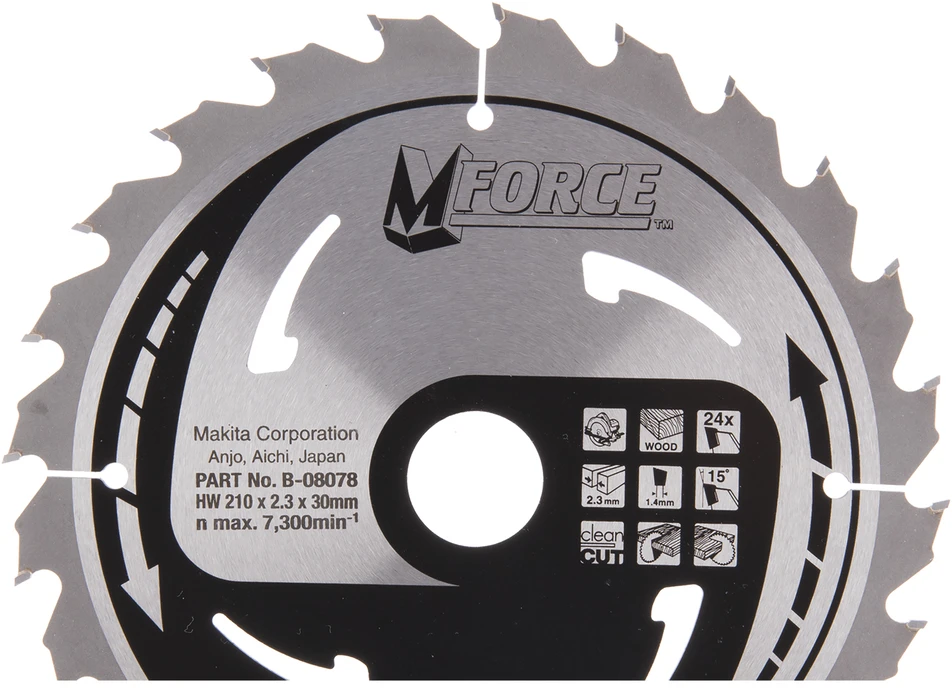 Makita T.C.T. pjūklas M-FORCE 210X2.3X30mm 15° T24 B-08078 T.C.T • 210 x30 mm • T24 • 15° • Medienai