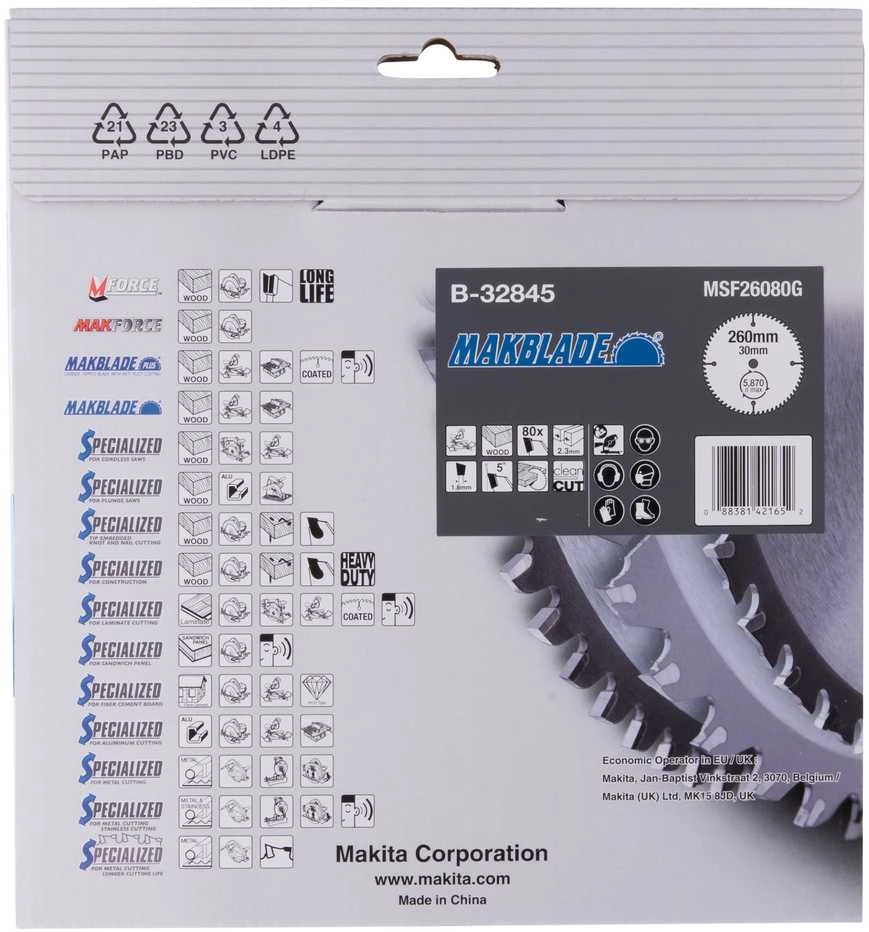 Makita T.C.T. pjūklas MAKBLADE 260X2.3X30mm 5° T80 B-32845 T.C.T • 260 x30 mm • T80 • 5° • Medienai