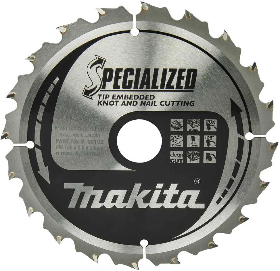 Makita T.C.T. pjovimo diskas SPECIALIZED 185X2X30mm 25° T20 B-33102 T.C.T • 185 x30 mm • T20 • 25° • medienai/medienai su vinimis