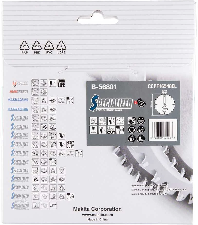 Makita T.C.T. pjūklas SPECIALIZED 165X2X20mm 5° T48 B-56801 T.C.T • 165 x20 mm • T48 • 5° • Corian'ui