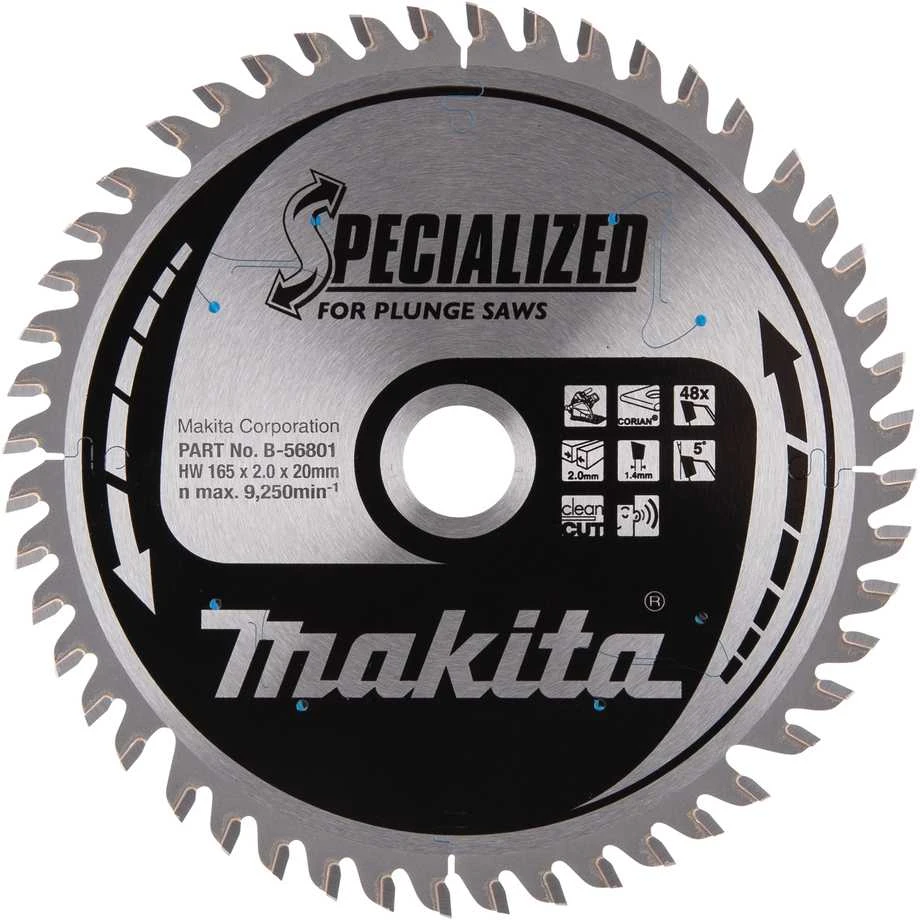 Makita T.C.T. pjūklas SPECIALIZED 165X2X20mm 5° T48 B-56801 T.C.T • 165 x20 mm • T48 • 5° • Corian'ui