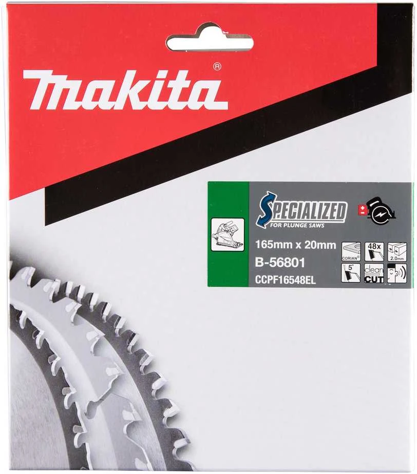 Makita T.C.T. pjūklas SPECIALIZED 165X2X20mm 5° T48 B-56801 T.C.T • 165 x20 mm • T48 • 5° • Corian'ui