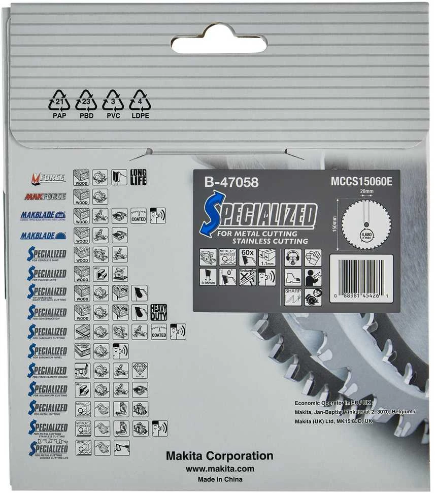 Makita T.C.T. pjūklas SPECIALIZED 150X1.1X20mm 0° T60 B-47173 T.C.T • 150 x20 mm • T60 • 0° • Metalui/Nerūd. plienui
