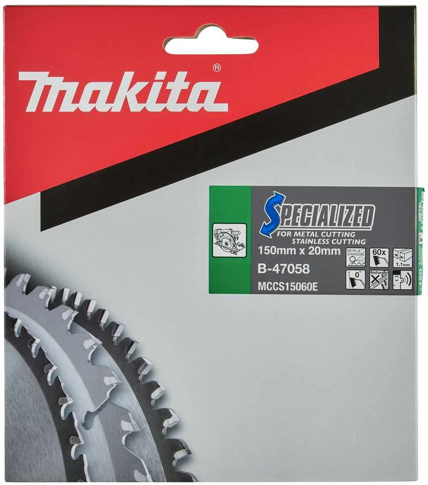 Makita T.C.T. pjūklas SPECIALIZED 150X1.1X20mm 0° T60 B-47173 T.C.T • 150 x20 mm • T60 • 0° • Metalui/Nerūd. plienui