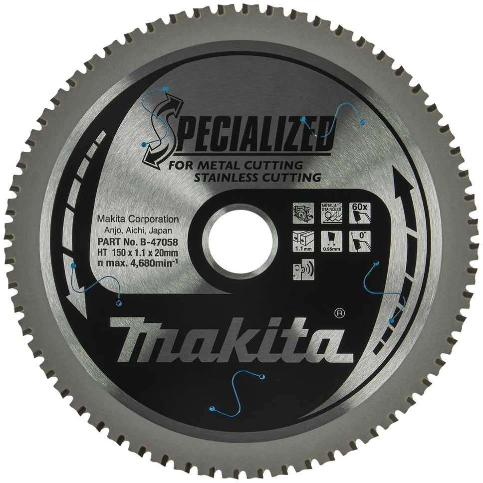 Makita T.C.T. pjūklas SPECIALIZED 150X1.1X20mm 0° T60 B-47173 T.C.T • 150 x20 mm • T60 • 0° • Metalui/Nerūd. plienui