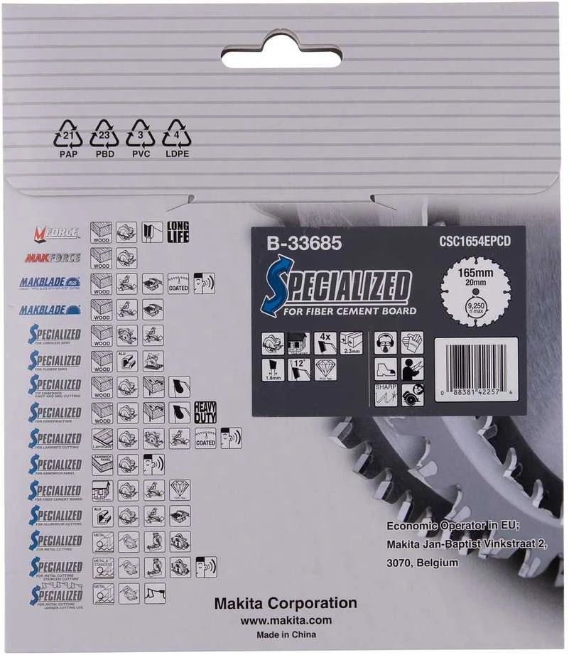 Makita T.C.T. pjūklas SPECIALIZED 165X2.3X20mm 12° T4 B-33685 T.C.T • 165 x20 mm • T4 • 12° • Fibrocemento plokštėms
