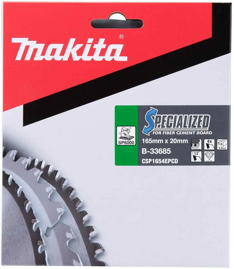 Makita T.C.T. pjūklas SPECIALIZED 165X2.3X20mm 12° T4 B-33685 T.C.T • 165 x20 mm • T4 • 12° • Fibrocemento plokštėms
