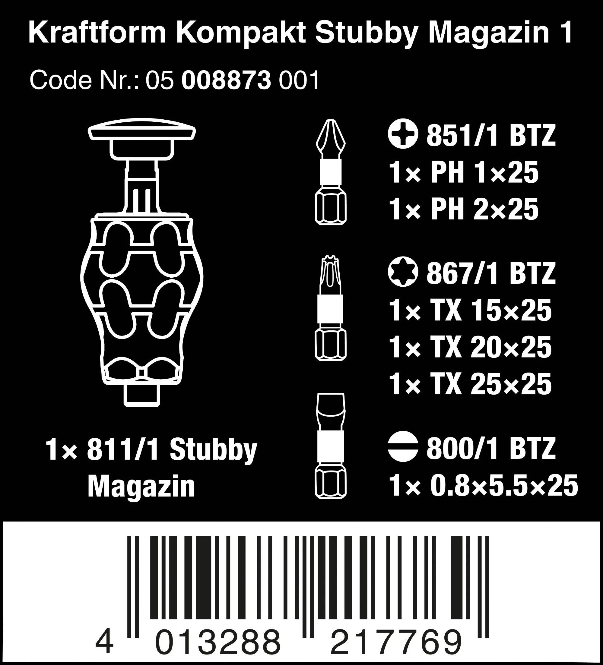 Atsuktuvas su keičiamais antgaliais Wera Kraftform Kompakt Stubby Magazin, 6 antgaliai PH, TORX, SL