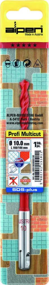 universalus grąžtas mūrui, medienai, metalui, plytelėms, plastikui, 12.0/260mm, su SDS+ laikikliu, Profi MultiCut Alpen [0053901200100]