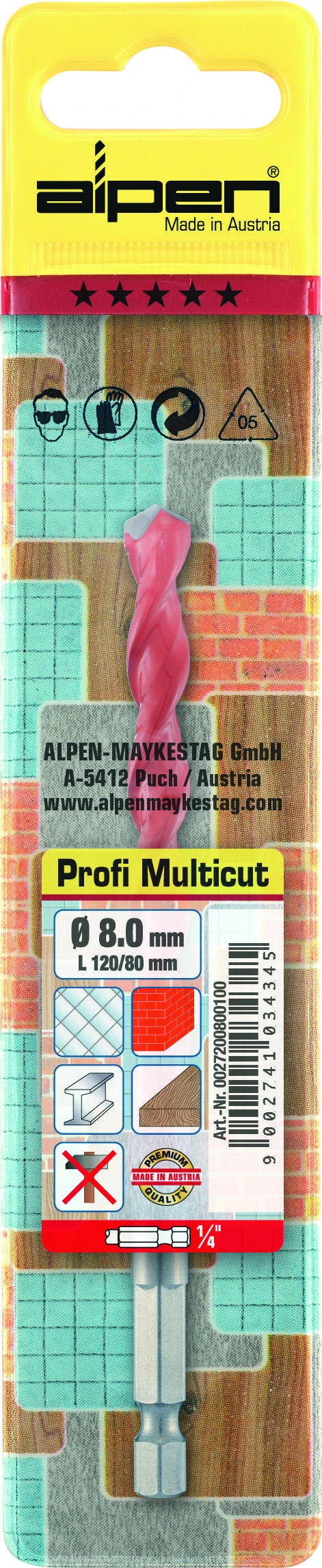 universalus grąžtas mūrui, medienai, metalui, plytelėms, plastikui, 6,0/100 mm, su 1/4'' jungtimi, MultiCut Alpen [0027200600100]