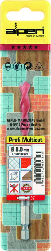 universalus grąžtas mūrui, medienai, metalui, plytelėms, plastikui, 5,0/100 mm, su 1/4 colio tvirtinimu, MultiCut Alpen [0027200500100]