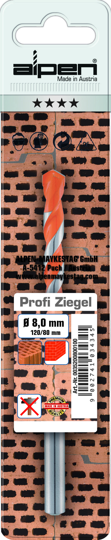 Grąžtas Widia gręžtuvas keraminėms tuščiavidurėms plytoms, porotherm, keraminė plyta, 4-75/39 mm, Profi-Ziegel ALPEN [0035200400100]