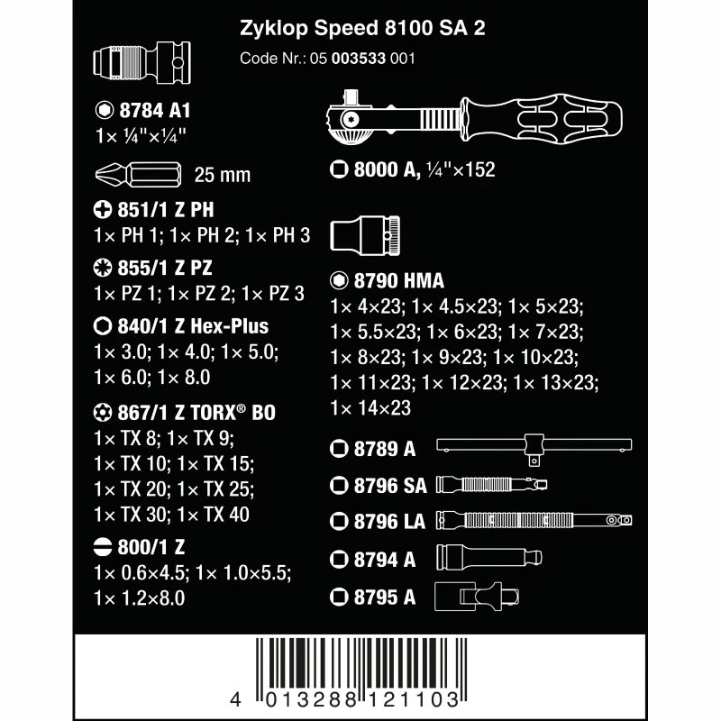 Wera 8100 SA 2 Zyklop sukimo raktų rinkinys, 1/4", 42 dalių